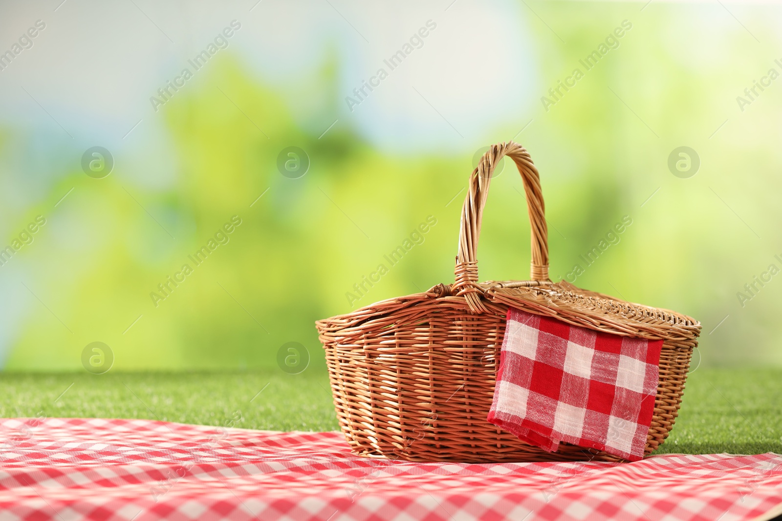 Photo of One picnic wicker basket with checkered napkin and blanket on grass against blurred green background. Space for text