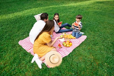 Lovely family having picnic together in park