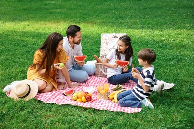 Happy family having picnic together in park