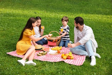 Lovely family having picnic together in park