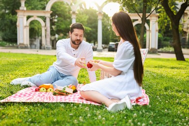 Lovely couple having picnic on green grass outdoors