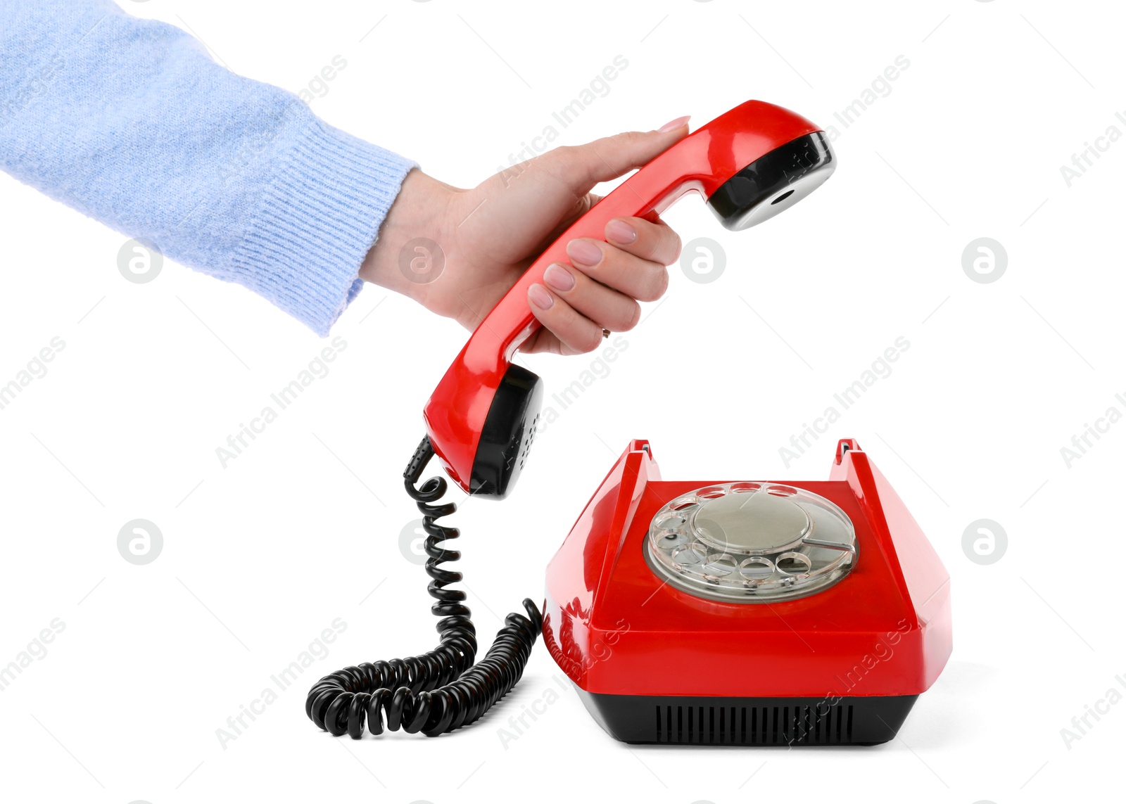 Photo of Woman using telephone on white background, closeup