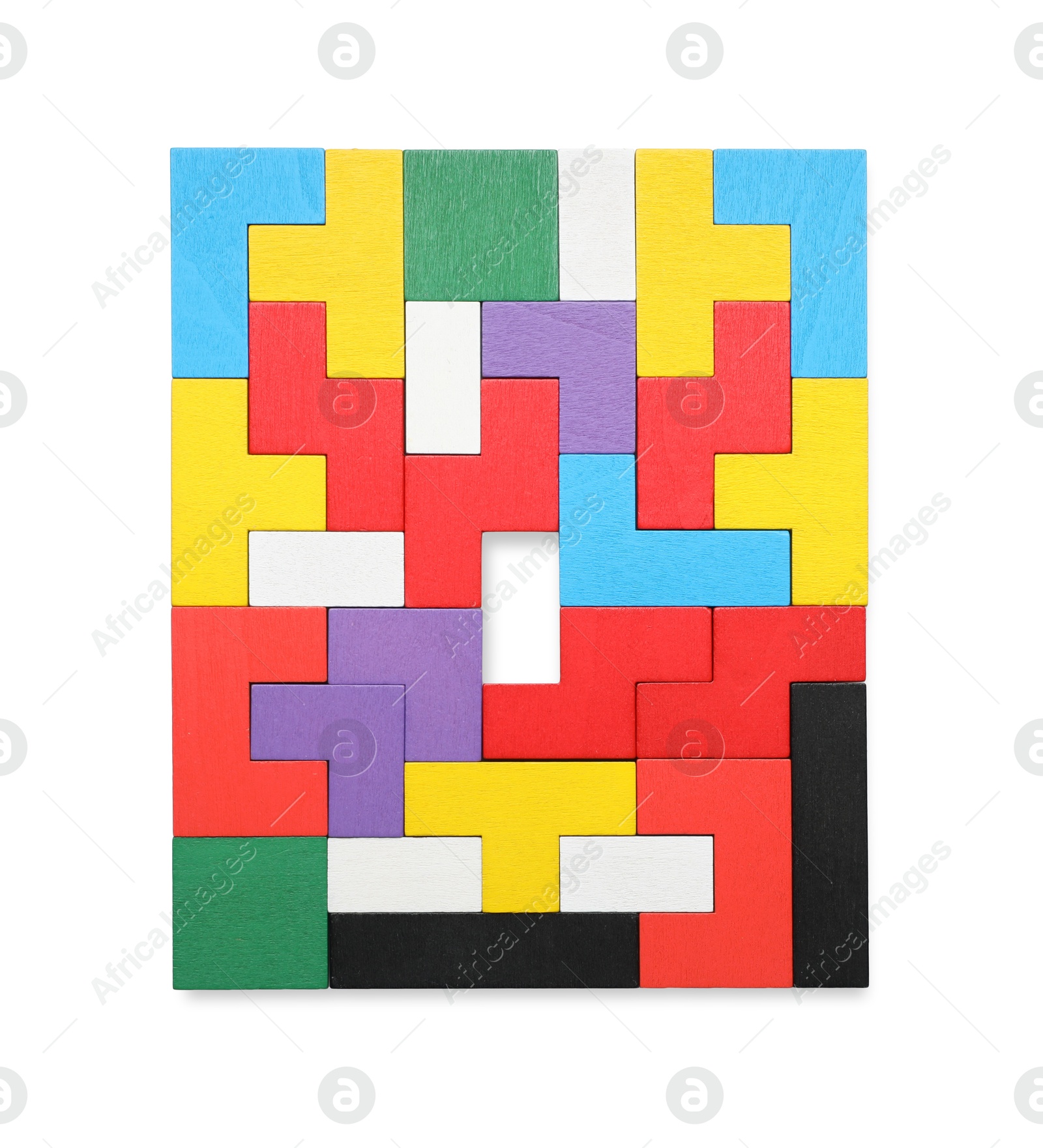 Photo of Colorful wooden puzzle pieces isolated on white, top view