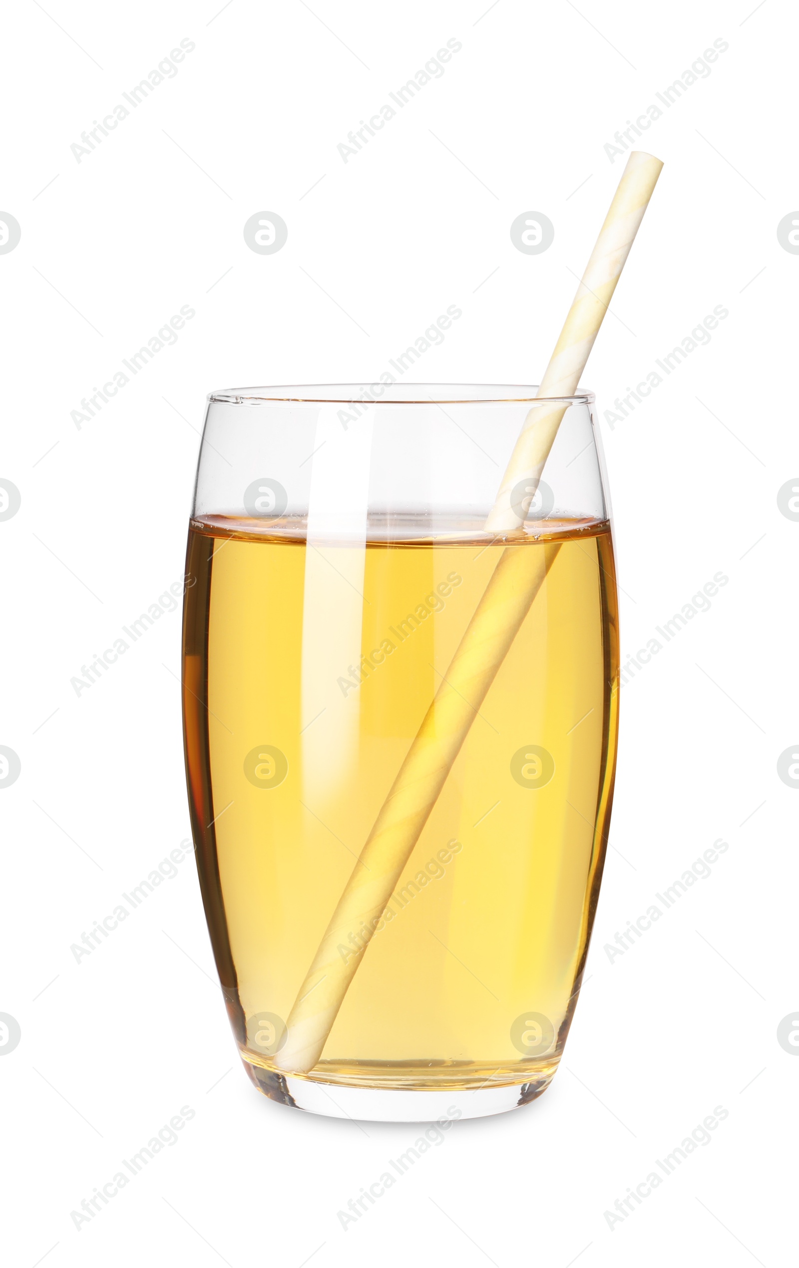 Photo of Tasty grape juice and straw in glass isolated on white