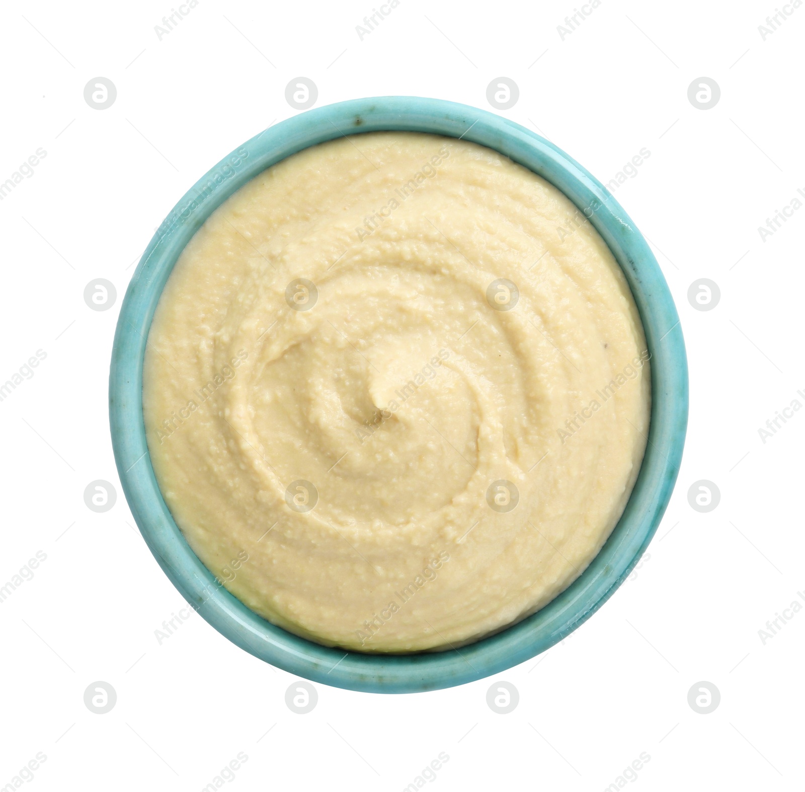 Photo of Delicious hummus in bowl isolated on white, top view