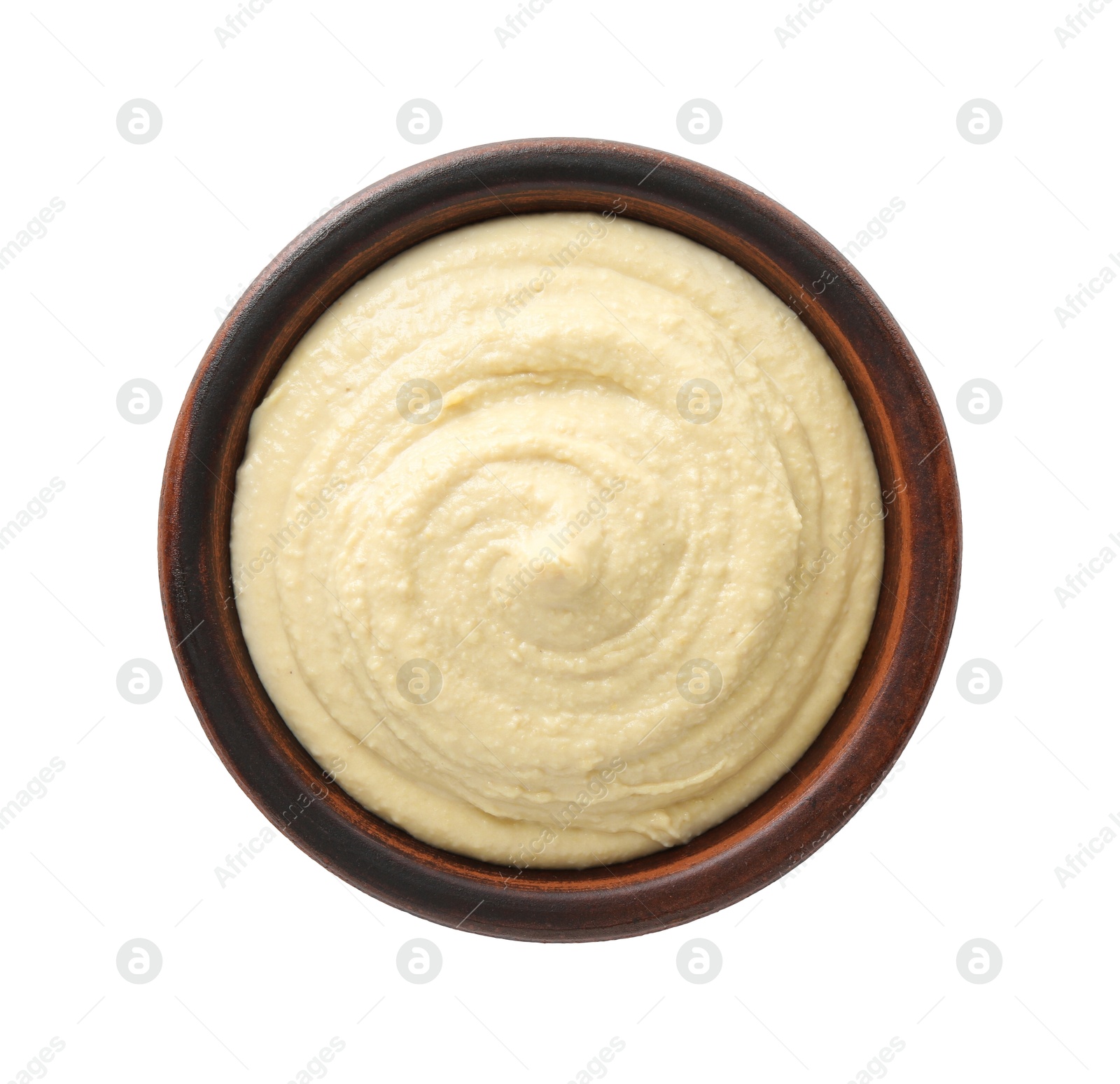 Photo of Delicious hummus in bowl isolated on white, top view