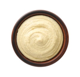 Delicious hummus in bowl isolated on white, top view