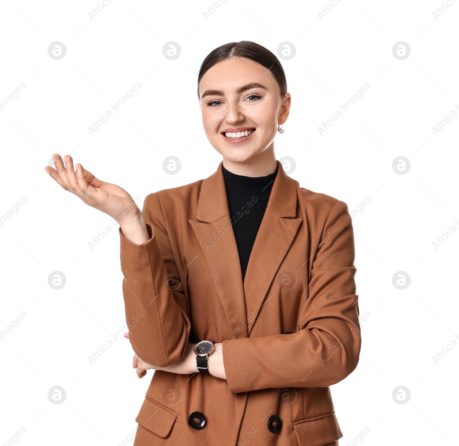 Photo of Beautiful woman in brown jacket on white background