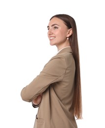 Beautiful woman in beige suit on white background