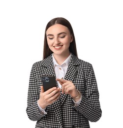 Beautiful woman in stylish suit using smartphone on white background