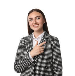 Photo of Beautiful woman in stylish suit on white background