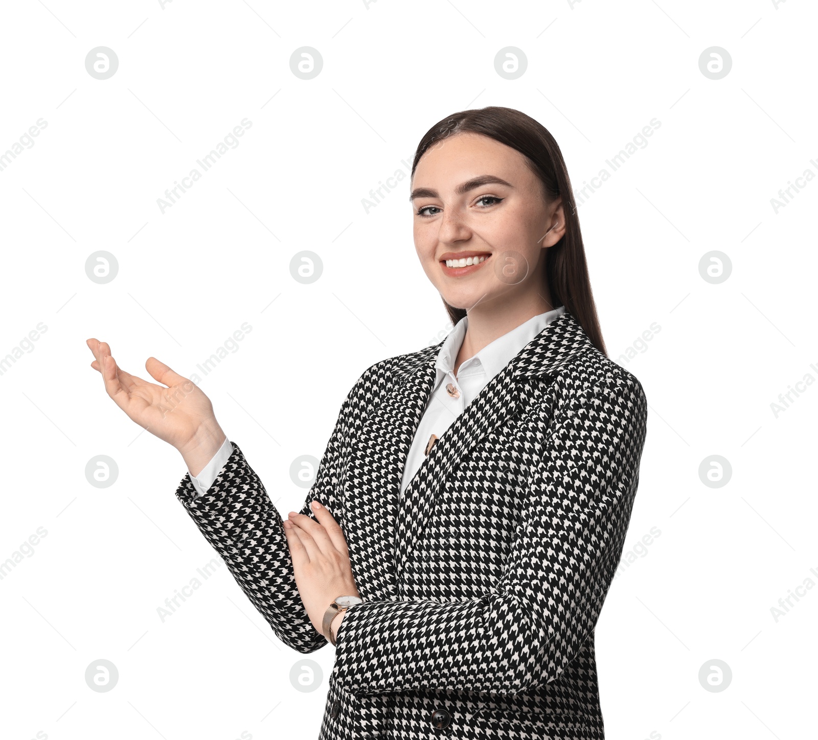 Photo of Beautiful woman in stylish suit on white background