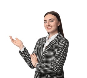 Beautiful woman in stylish suit on white background