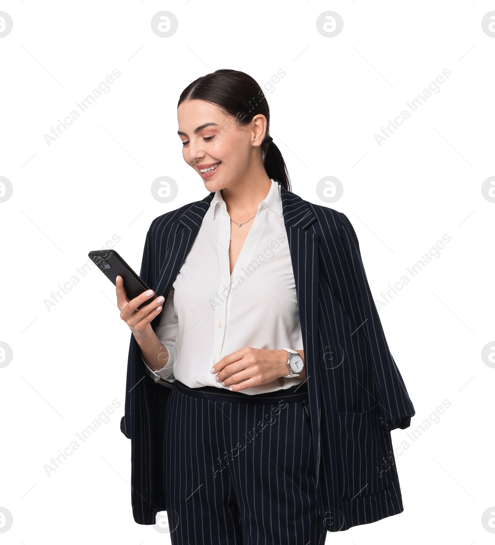 Photo of Beautiful woman in black striped suit with smartphone on white background