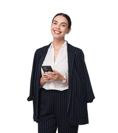 Photo of Beautiful woman in black striped suit with smartphone on white background