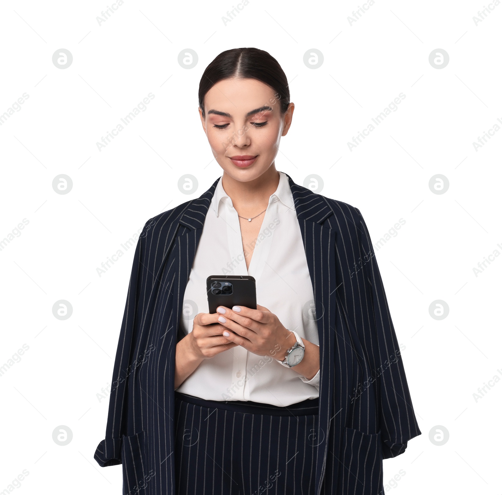 Photo of Beautiful woman in black striped suit using smartphone on white background