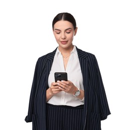 Photo of Beautiful woman in black striped suit using smartphone on white background