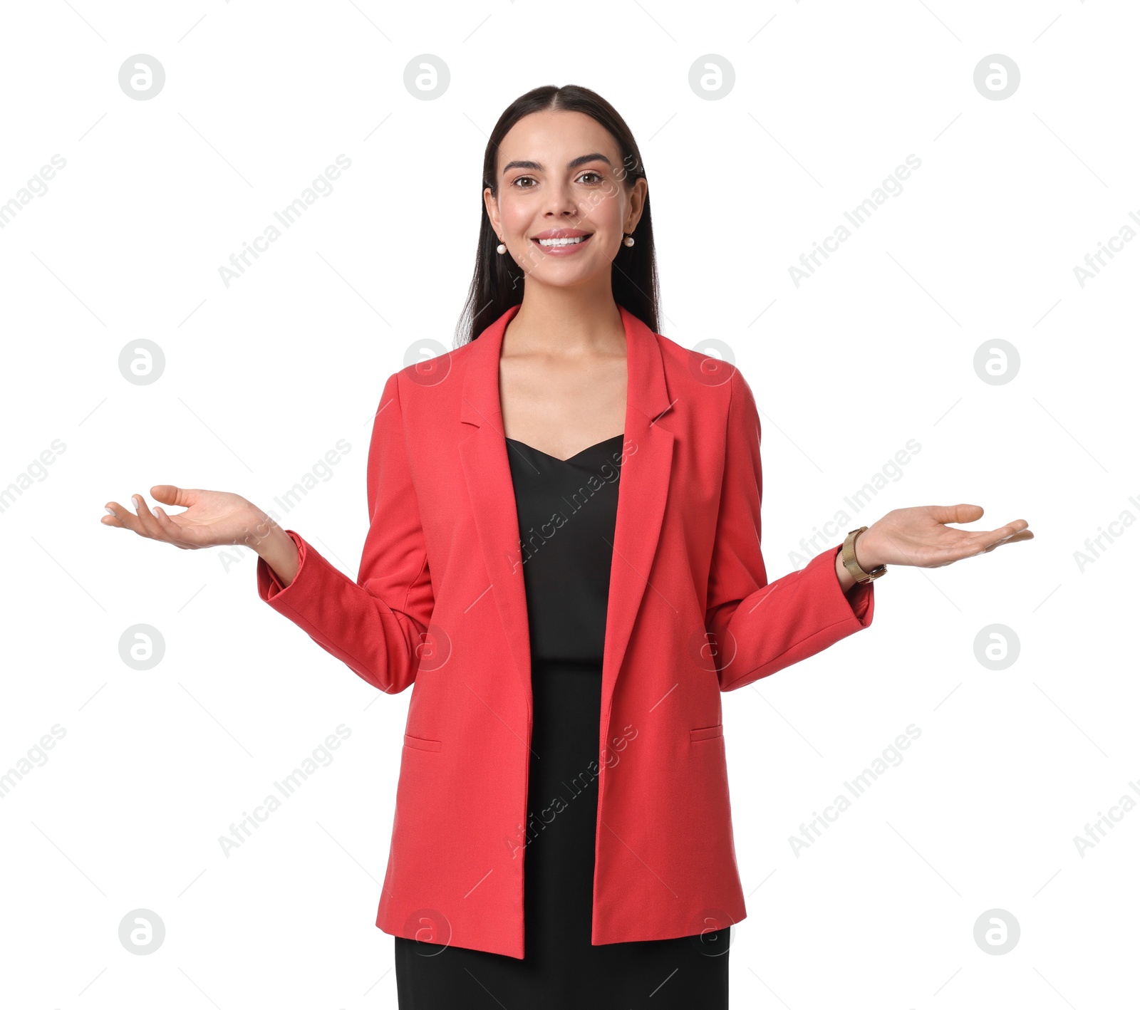 Photo of Beautiful woman in red jacket and black dress on white background