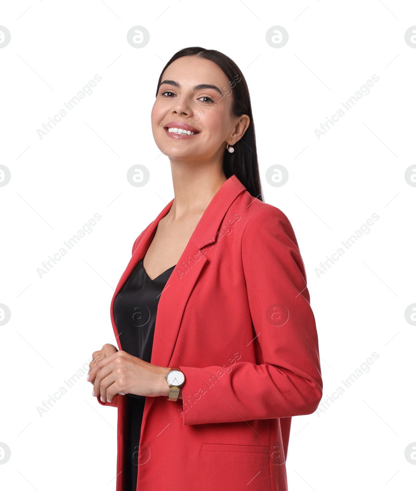 Photo of Beautiful woman in red jacket and black dress on white background