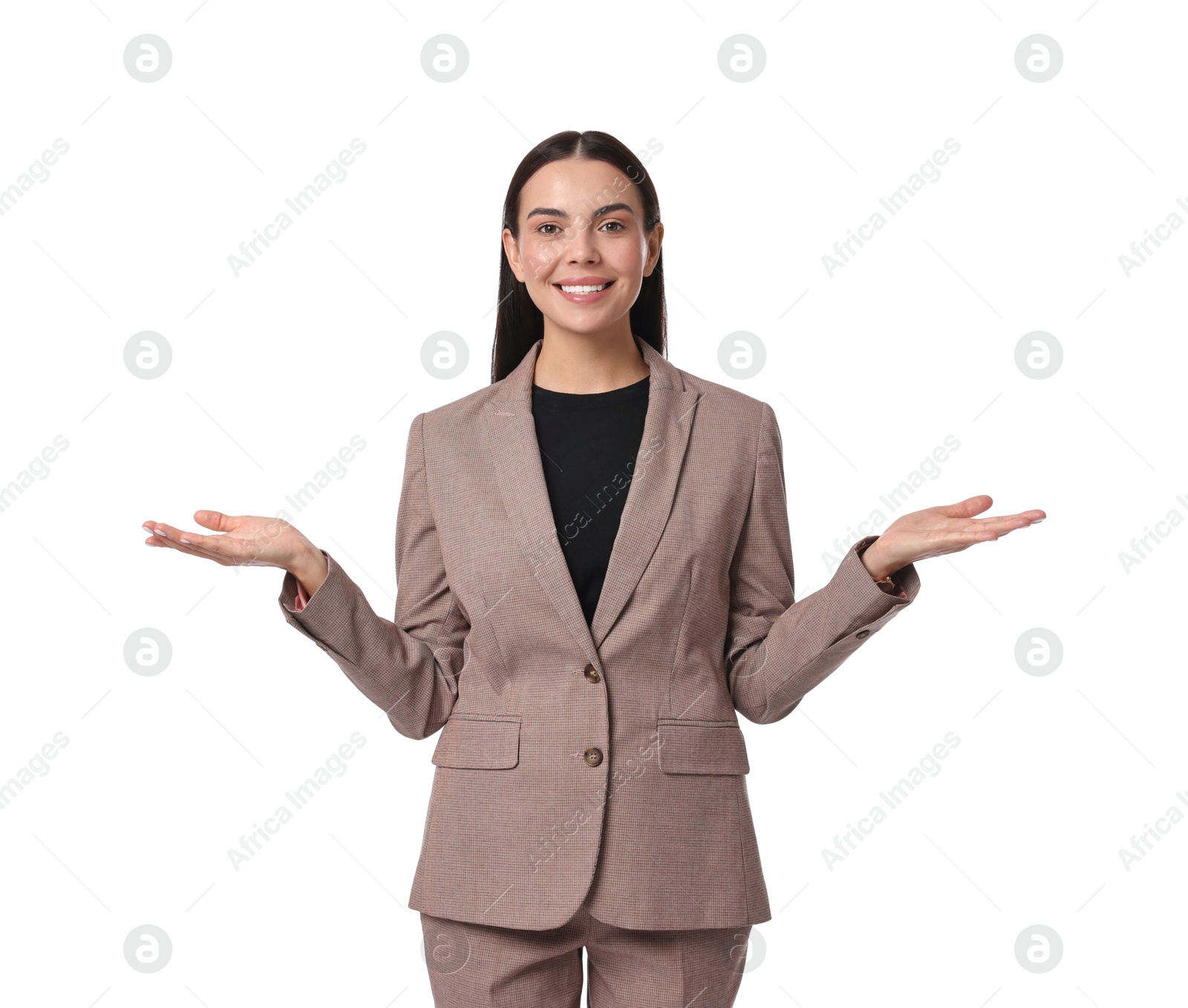 Photo of Beautiful woman in beige suit on white background