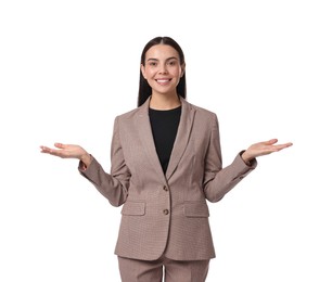 Photo of Beautiful woman in beige suit on white background