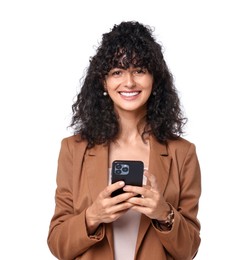 Beautiful young woman in stylish suit using smartphone on white background