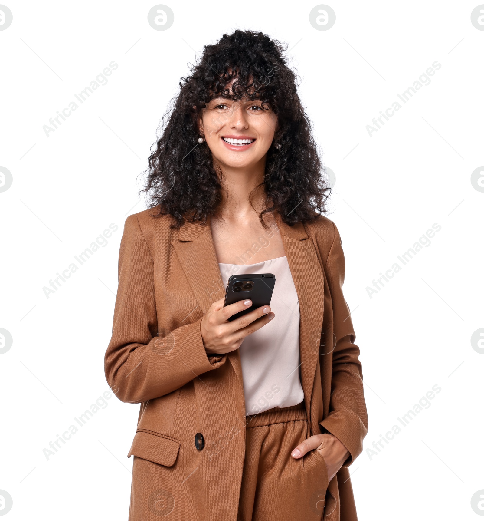 Photo of Beautiful young woman in stylish suit using smartphone on white background