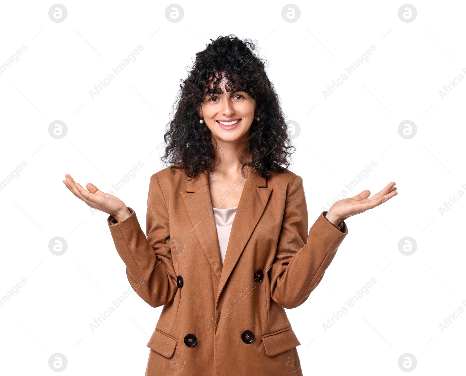 Photo of Beautiful young woman in stylish suit isolated on white