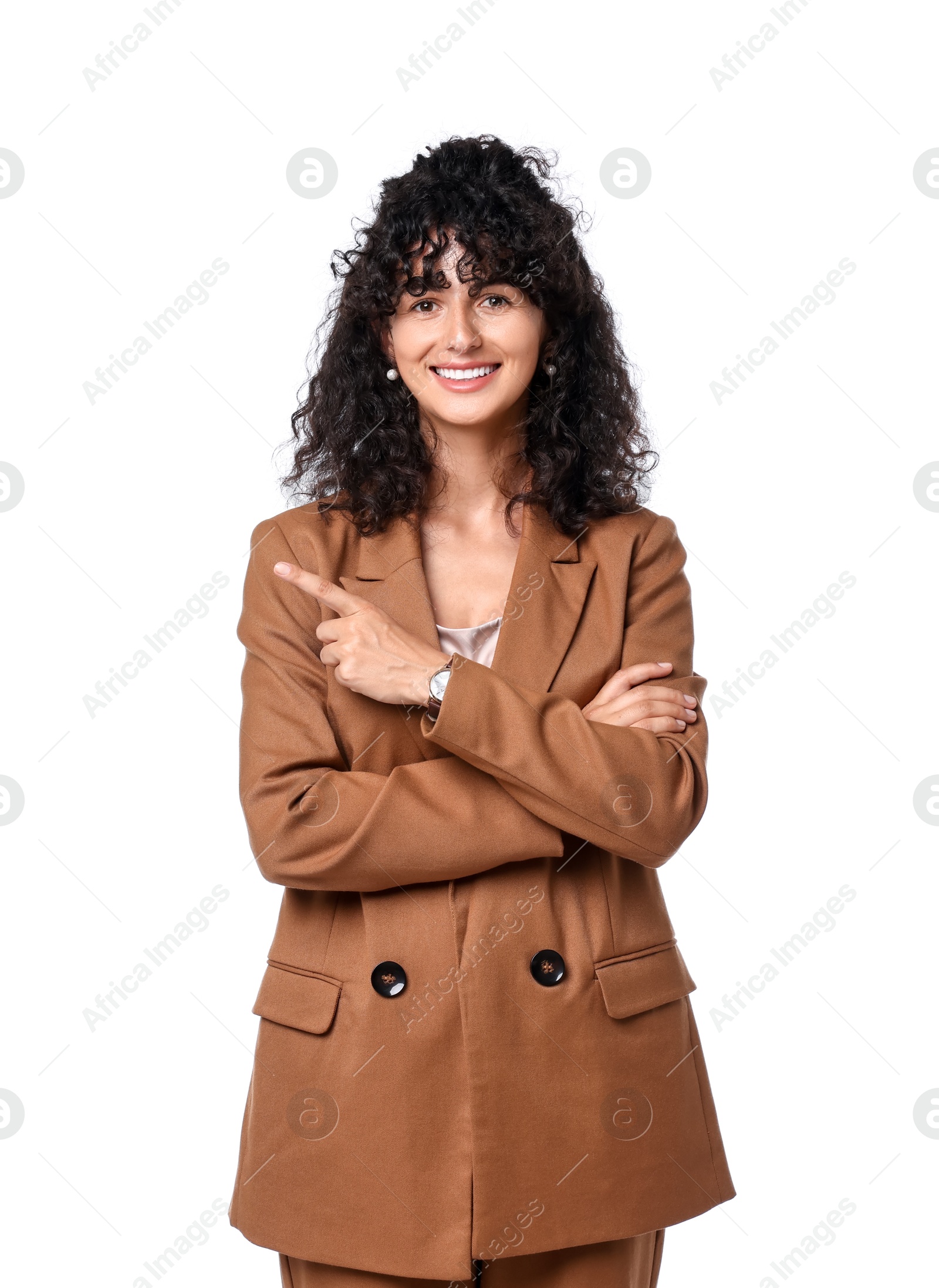 Photo of Beautiful young woman in stylish suit pointing at something on white background