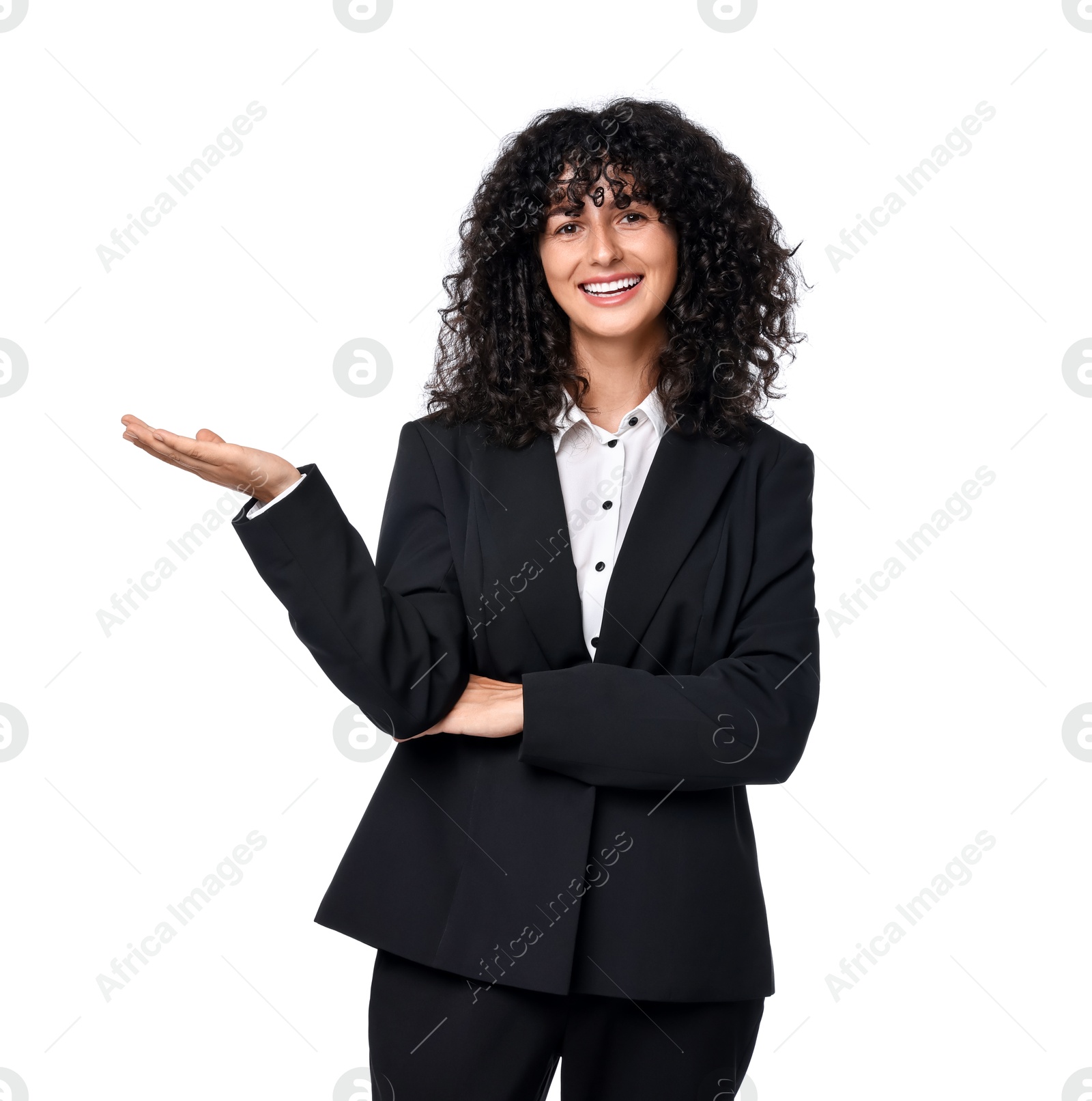 Photo of Beautiful young woman in black suit isolated on white