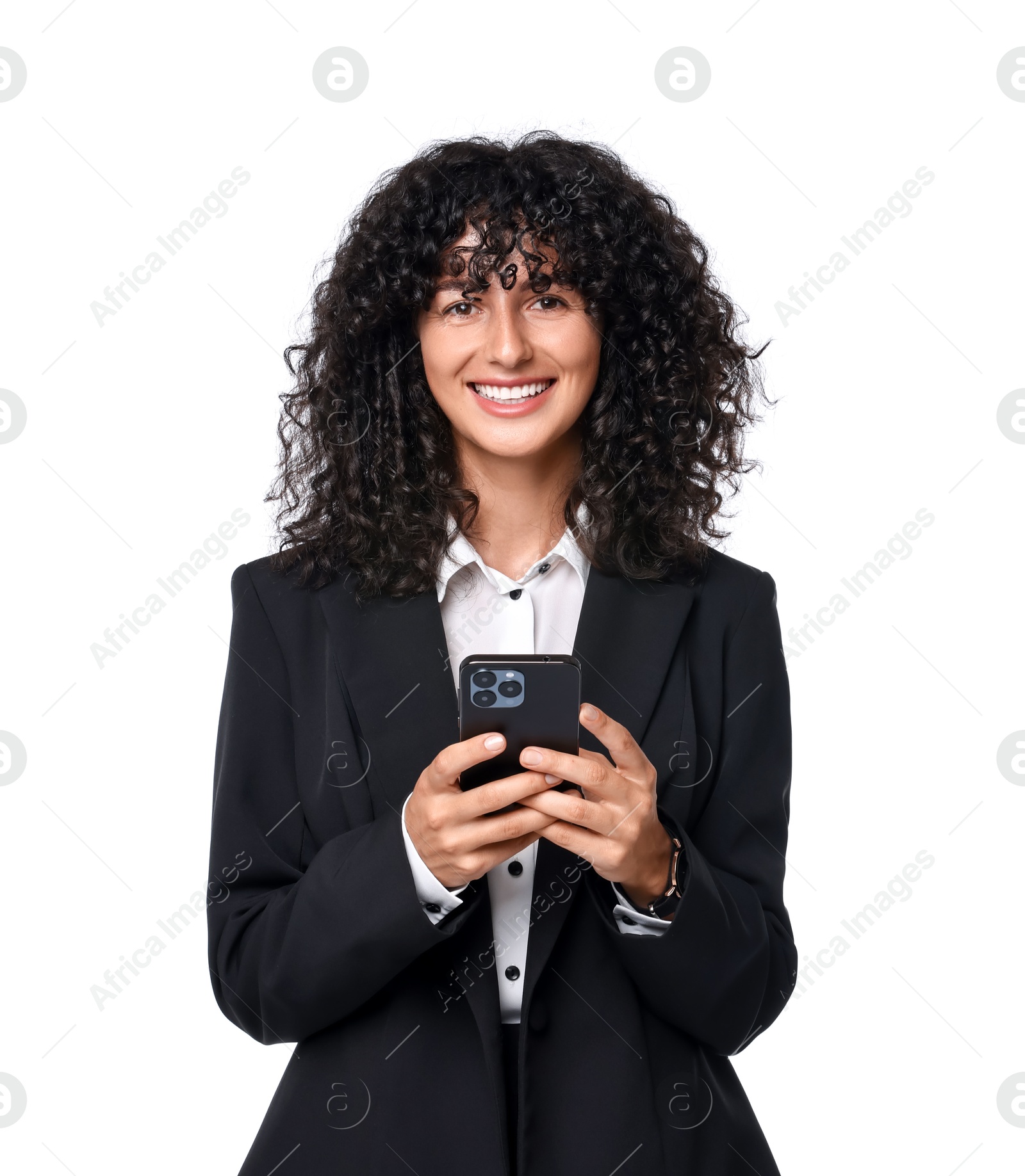 Photo of Beautiful young woman in black suit using smartphone on white background