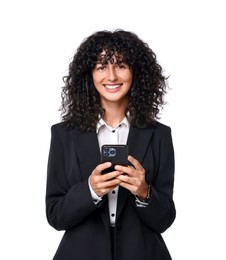 Beautiful young woman in black suit using smartphone on white background