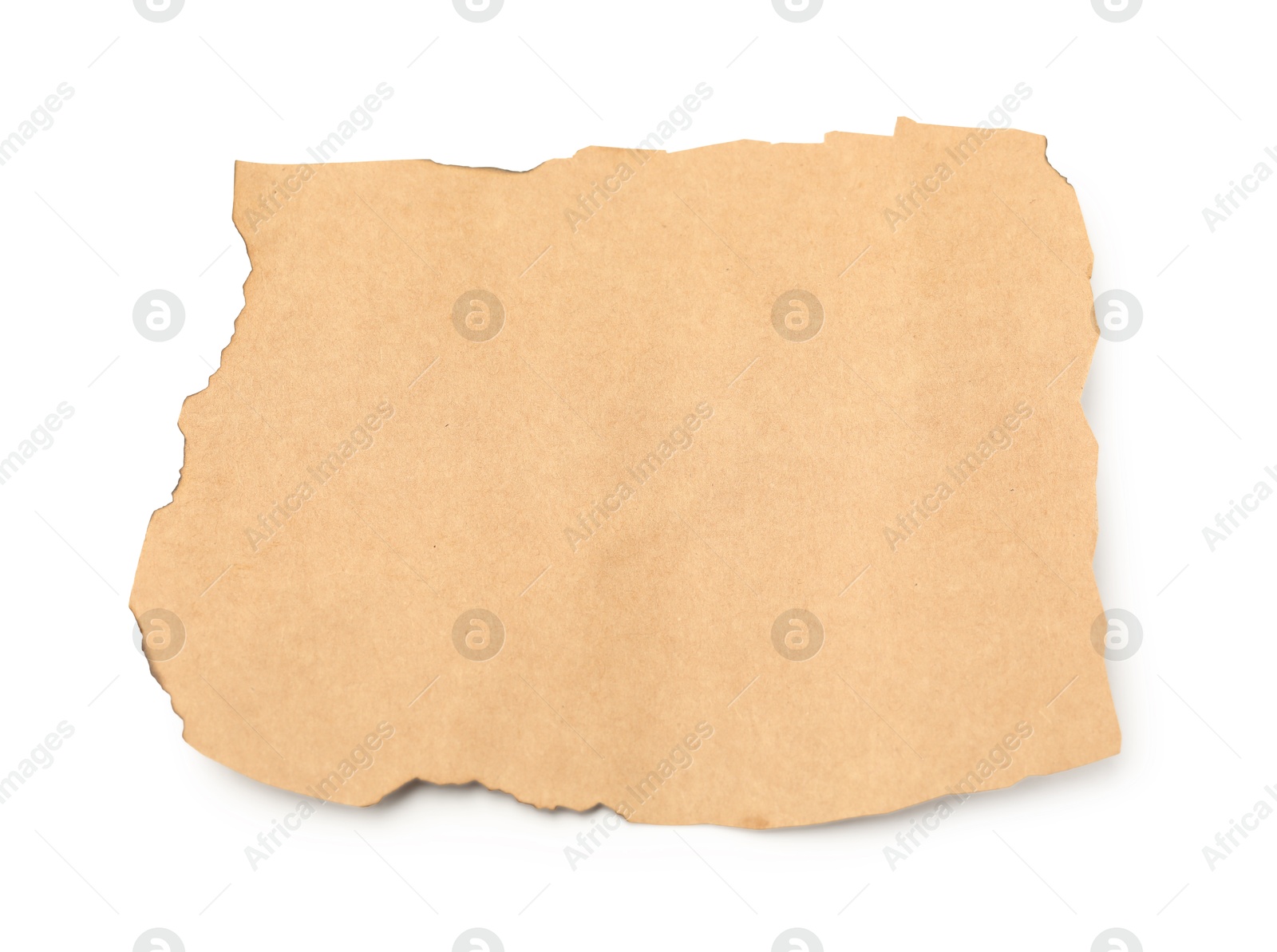 Photo of Piece of old paper with dark burnt borders isolated on white