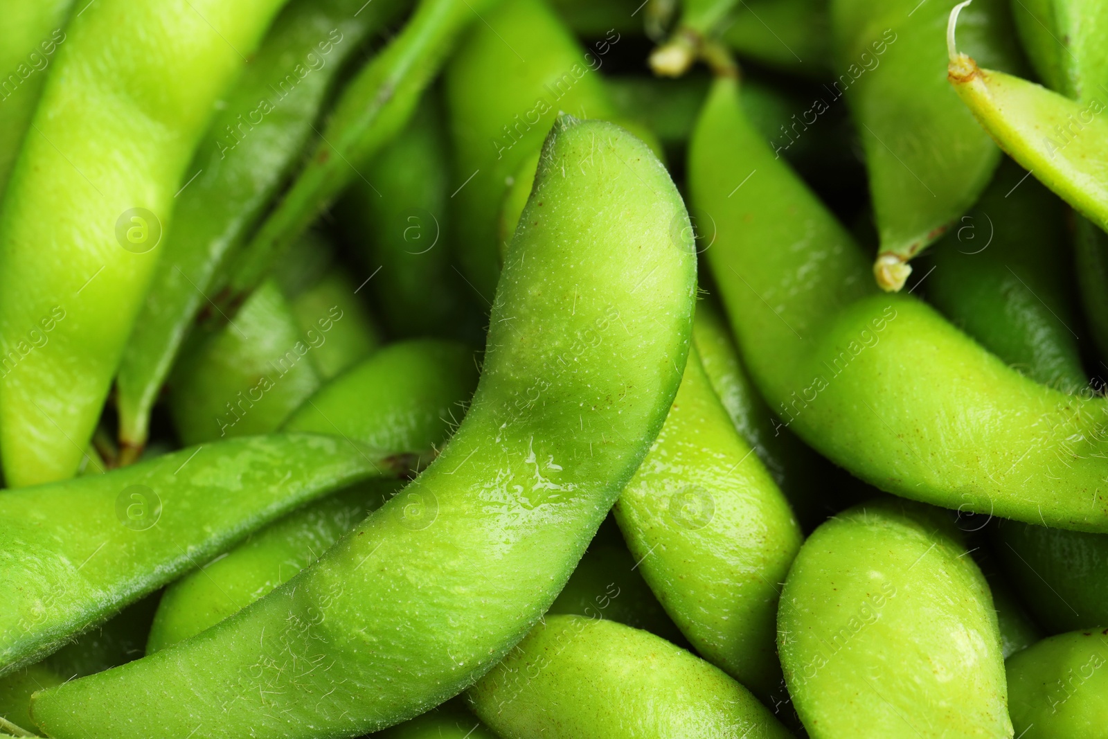 Photo of Fresh edamame pods as background, closeup view