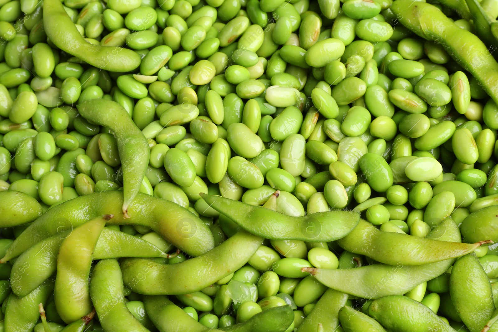 Photo of Fresh edamame beans and pods as background, above view