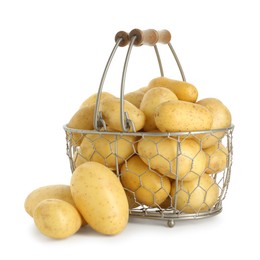 Photo of Young potatoes in metal basket isolated on white