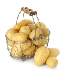 Photo of Young potatoes in metal basket isolated on white