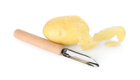 Photo of Young potato, peel and peeler isolated on white