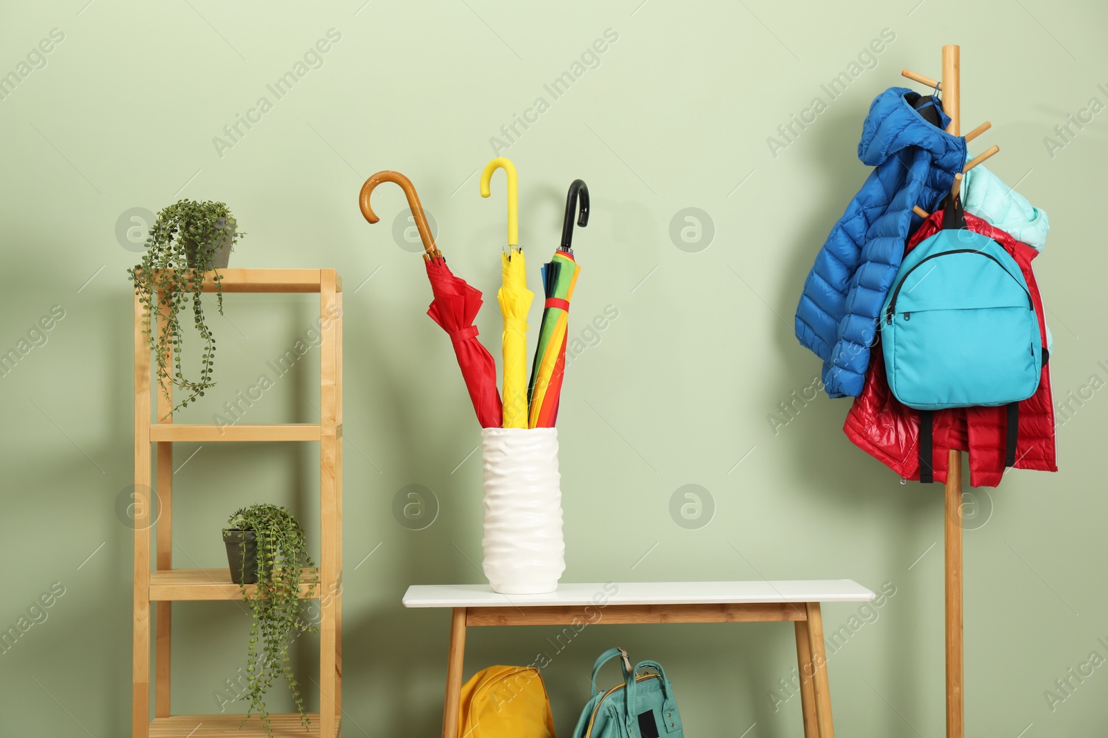 Photo of Colorful umbrellas in holder, rack with jackets, backpacks and houseplants near green wall