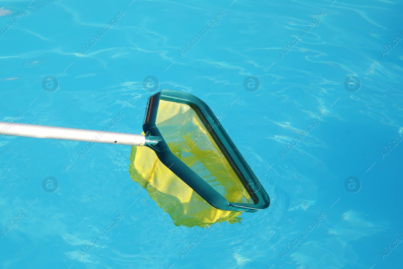 Photo of Cleaning swimming pool with skimmer net on sunny day