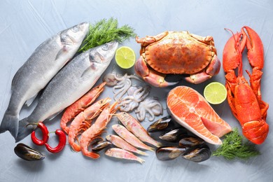 Photo of Many different sea food on grey textured table, flat lay