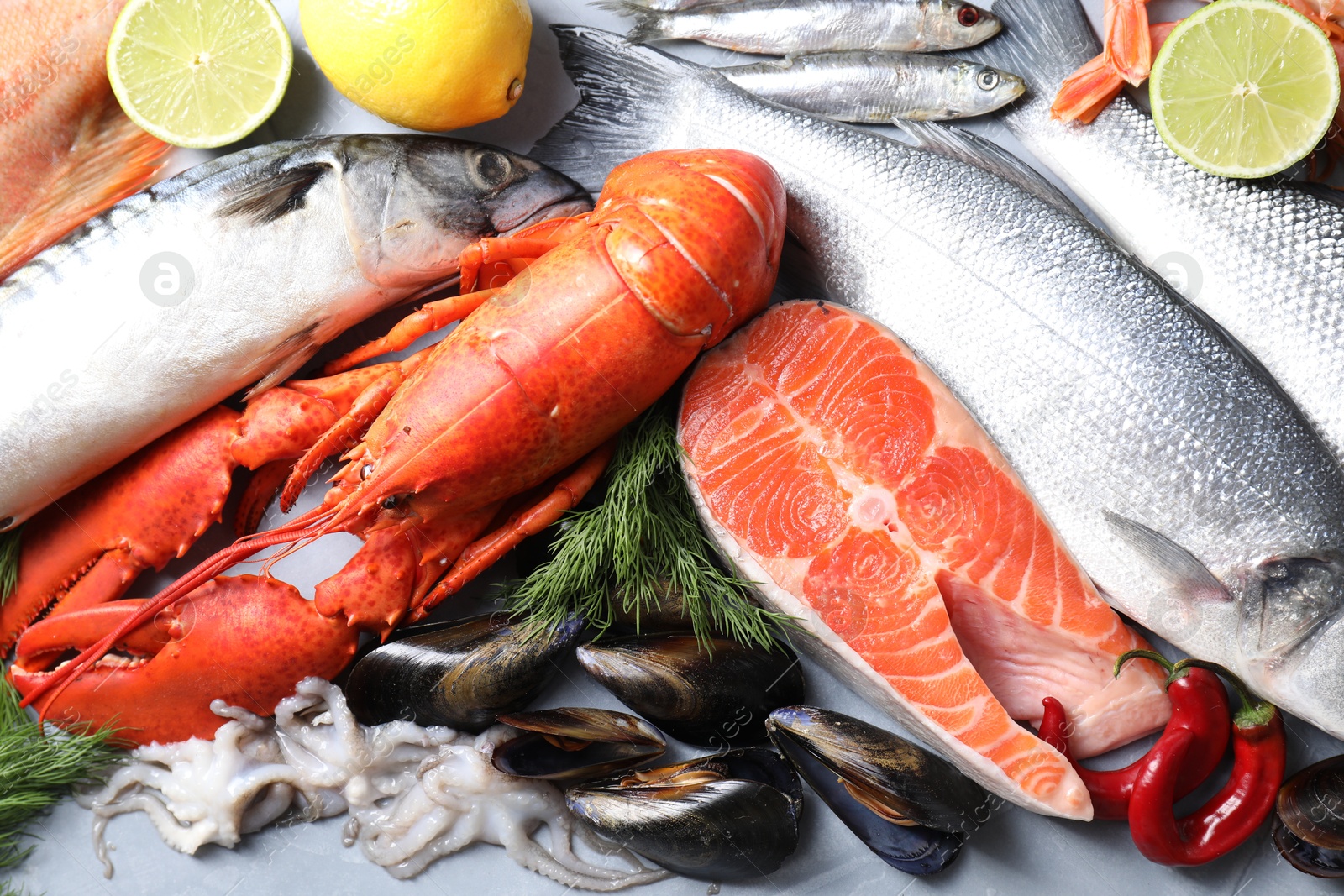 Photo of Many different sea food, lemon, lime and dill on grey table, flat lay