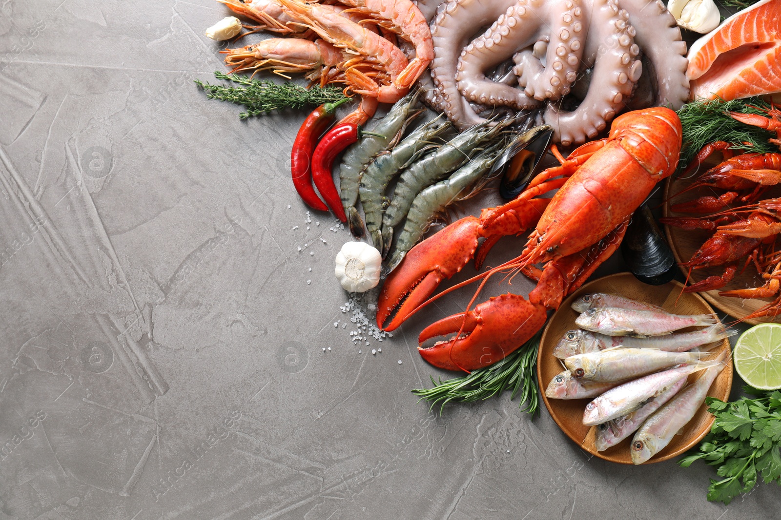 Photo of Many different sea food, herbs, garlic and lime on grey textured table, flat lay. Space for text