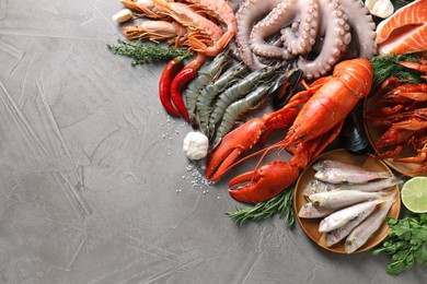 Many different sea food, herbs, garlic and lime on grey textured table, flat lay. Space for text