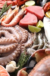 Many different sea food, garlic, thyme and lime on table, above view