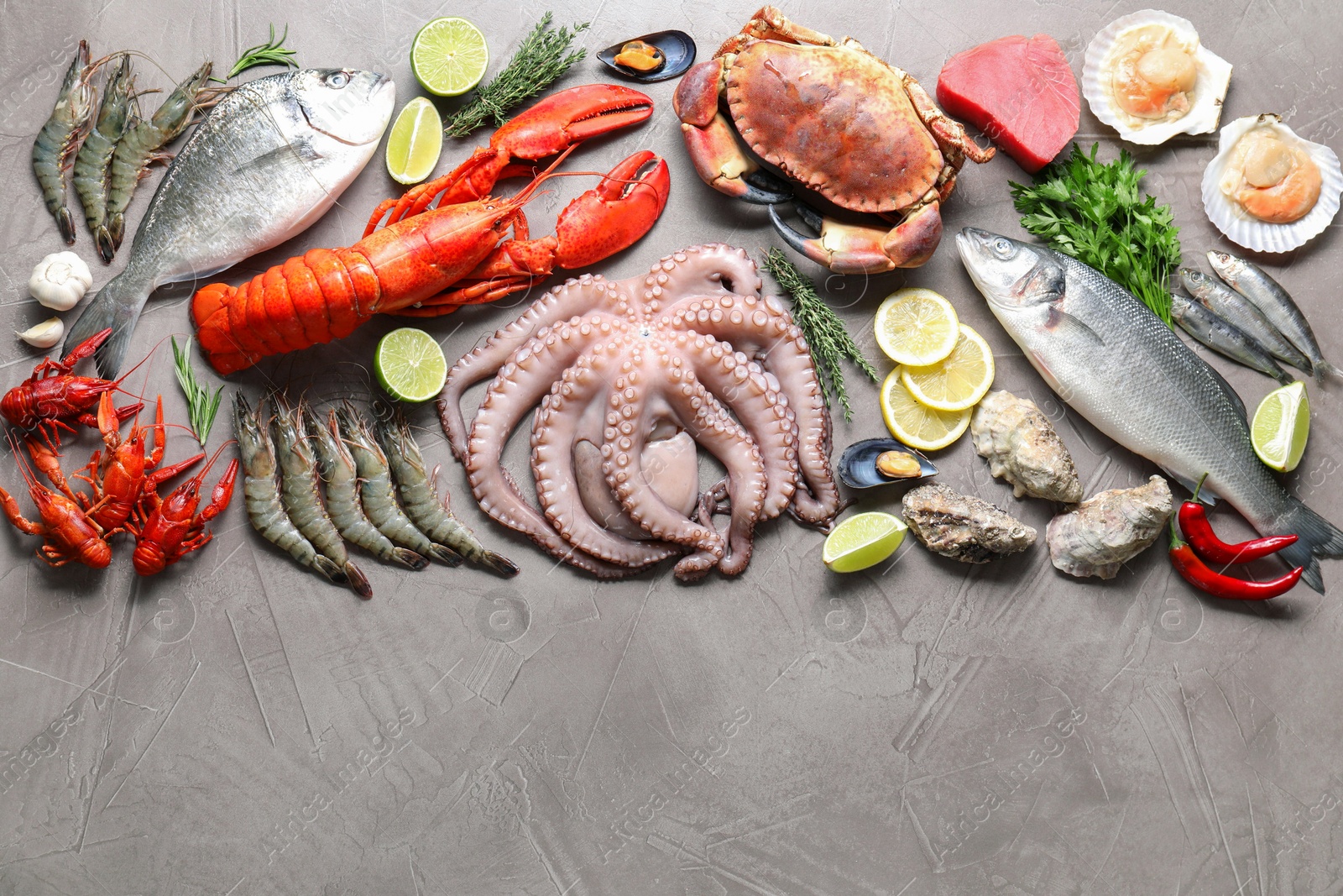 Photo of Many different sea food, herbs, lemon and lime on grey textured table, flat lay. Space for text