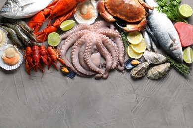 Many different sea food, herbs, lemon and lime on grey textured table, flat lay. Space for text