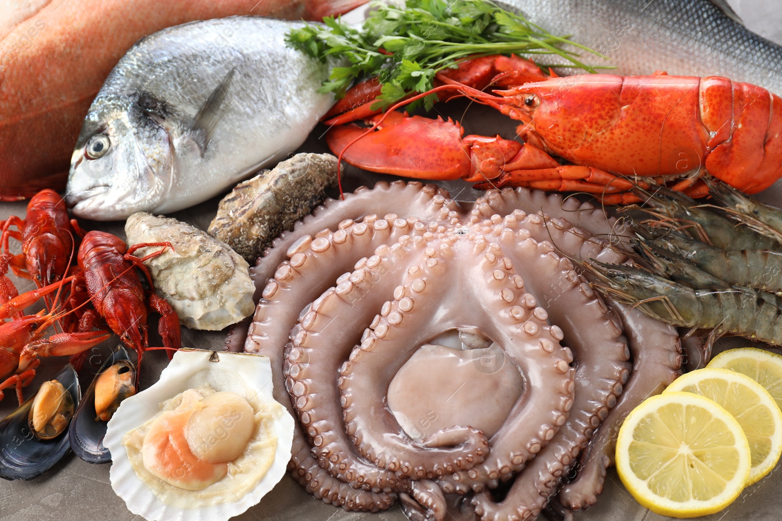 Photo of Many different sea food, parsley and lemon on grey table, closeup