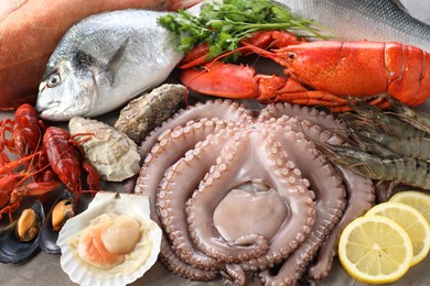 Many different sea food, parsley and lemon on grey table, closeup