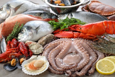 Many different sea food, herbs and lemon on grey table, closeup